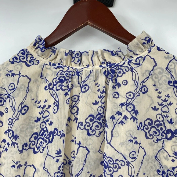 & Other Stories Ruffle Collar Cloud Print Mini Dress Women Sz 10 Tan Blue Tiered - Picture 11 of 15